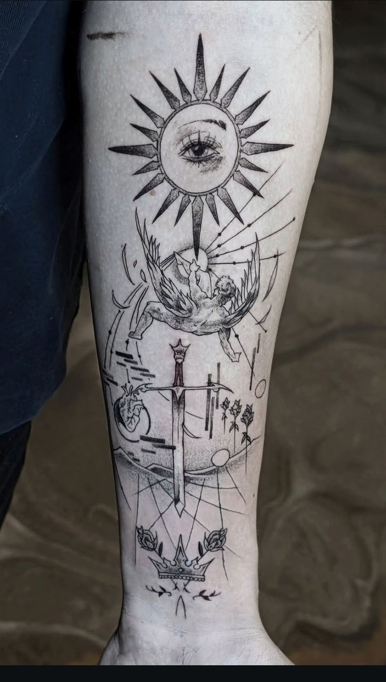 Fine-line sun and sword